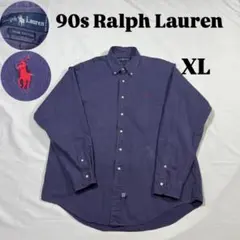 90sラルフローレン チノシャツ XL 紺 ナス紺 刺繍ロゴ ポニー ポロ 古着