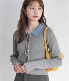 【新品】tiptop 前レースアップ襟付きニットプルオーバー グレー フリー