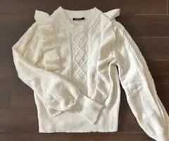 one way フリル付きアイボリー長袖ニット