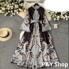 春夏コーデ❤️レディース　ロング丈ワンピース　長袖　エレガント　スタンドカラー