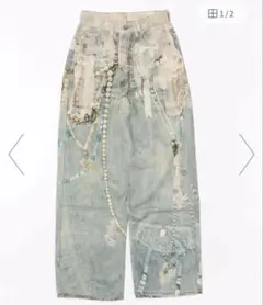 DIAVELプリントデザインワイドデニムパンツ/レース&アクセ　Lサイズのサムネイル