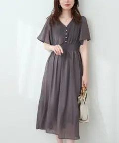 ナチュラルクチュール フレアスリーブお上品ワンピース チャコールグレー