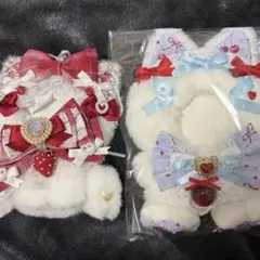 おすわりぬい服 12-14cm 猫耳 白×ピンク×水色 量産型 着ぐるみ 双子