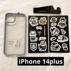 iPhone 14plus ケース カバー ブルー　マット　半クリア　シール付