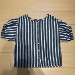 ストライプ五分袖シャツ Sサイズ ネイビー　THE SHOP TK