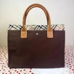 バーバリーブルーレーベル キャンバス×レザー ノバチェック トートバッグ 茶