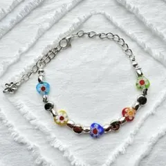 ⑨大人可愛い カラフル花模様 ビーズ ブレスレット ハンドメイド