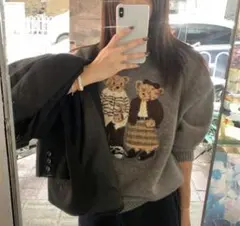 クマ刺繍 グレー ニットセーター 長袖