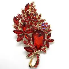 花モチーフ ブローチ ラインストーン レッド ヴィンテージ風 アンティーク調