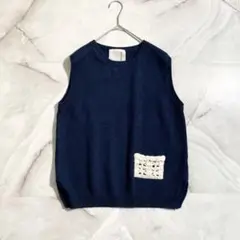 A17699 美品 リゼッタ レバジック ニットベスト かぎ編みポケット 紺