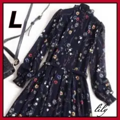 花柄　シフォンワンピース　透け感　上品コーデ オールシーズン　食事会　Ｌ