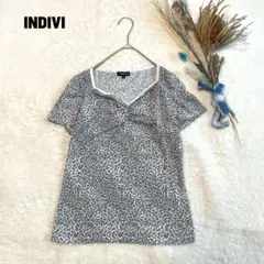 INDIVI 総柄半袖Tシャツ ホワイト×グレー 日本製 ストレッチ レオパードのサムネイル