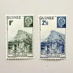 外国切手2枚（フランス領西アフリカ：フィリップ・ペタン元帥の肖像と風景）