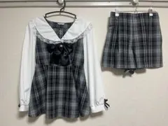 ガーリー チェック セットアップ 長袖トップス×ショートパンツ リボン レース襟