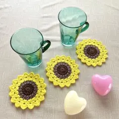 ひまわり　手編みドイリーコースター茶托ガーランドアップリケ　3枚　ハンドメイド