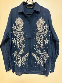 ZARA ネイビー 長袖シャツ 花柄刺繍 XS