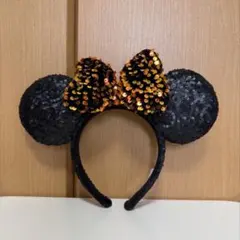 ミッキー耳カチューシャ スパンコール 黒オレンジ ハロウィン