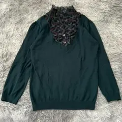 美品✨【ROPE】 ダークグリーン 長袖薄手ニット (M) フリル襟 チェック
