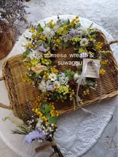 紫陽花とミモザの春色ラウンドリース❁⃘*.゜ミニスワッグ付き。:°ஐ..♡*