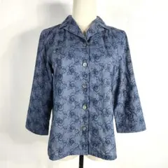 Vintage 花柄刺繍ブラウス 7分袖 ブルーグレー コットン混 ゆったり M