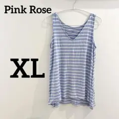Pink Rose 【XL】Vネックタンクトップ 白 青 ボーダー デザイン