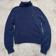超希少 ポロラルフローレン ケーブルニット セーター ハイネック ネイビー 赤