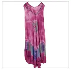 インド製 100%ビスコース タイダイ 染めノースリーブ ロングワンピースピンク