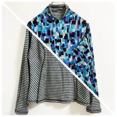 リバーシブルトップス【L】２WAYシャツ　ハイネック　モザイク柄　ボーダー柄