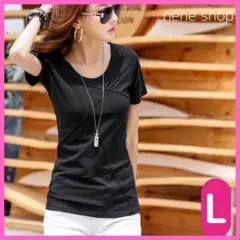 Tシャツ レディース 半袖 クルーネック 無地 シンプル 黒 ブラック L