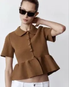 zara ザラ ニット ペプラム カーディガン キャメル　ブラウン