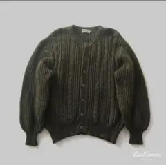 デザインニット　カーディガン　毛100%　日本製　深緑　ケーブル編　ゆるダボ