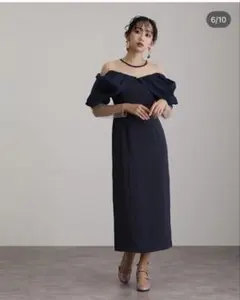 オフショルダー パーティードレス　M ネイビー/濃紺