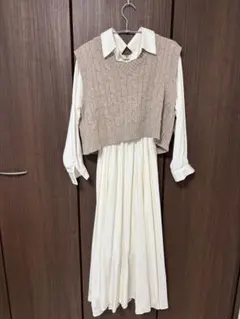 ニットベスト付きシャツワンピース 長袖