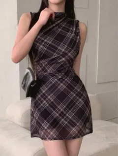 DAZY チェック柄ウエストベルト付きミニドレス(ノースリーブ) ミニワンピース