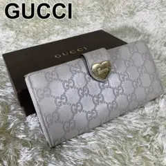 箱付き グッチ GG柄 長財布 ホワイトグレー シマレザー ラブリーハート