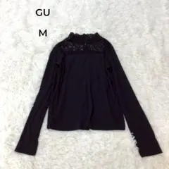 美品 GU ジーユー レースコンビネーションハイネックプルオーバー ブラック M