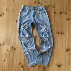 ライトブルー ダメージ加工 ストレートデニムパンツ　M