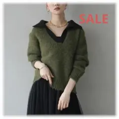 バイカラー襟付きニットプルオーバー/グリーン　lumier