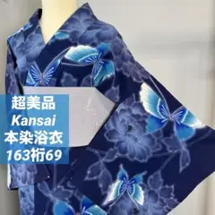 超美品　Kansai コーマ　夏物　本染浴衣　163裄69 濃紺　青　水色　蝶々のサムネイル