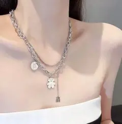 シルバー 多層チェーンネックレス クマ型チャーム