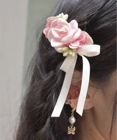 フラワー×リボンヘアクリップ　ピンク　D　アクシーズファム