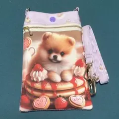 ハンドメイド ポメラニアン柄スマホショルダーバッグ サコッシュ ポシェット