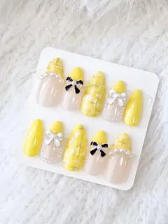 ネイルチップ 量産型 イエロー フレンチガーリー ワンホン ツイード 推しネイル