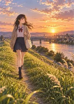 【イラスト】夕暮れの川辺と女子高生 アートポスター