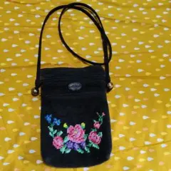 フェイラー花柄刺繍 スマホショルダーバッグ 黒