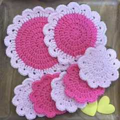 【ハンドメイド】コースターアソートセット　ドイリー　かぎ針編み　ピンク