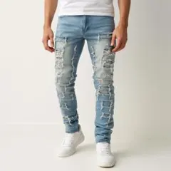 【再入荷】Lサイズ　ダメージデニム メンズ ストリート ジーンズ ライトブルー