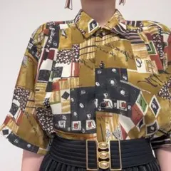ブラウン系 アート柄 半袖 ヴィンテージ レトロ 古着 柄シャツ オーバーサイズのサムネイル
