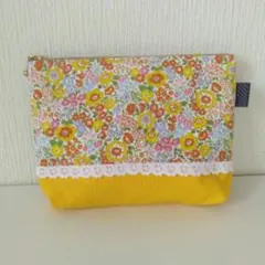 花柄×イエロー　 20センチファスナーのポーチ