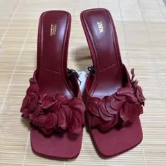 ZARA 赤 フラワー装飾 ミュール ヒール10cm
